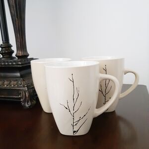𝅺CERAMIC China Cream White Painted Branches Mugs (Set of 3) Home Goods